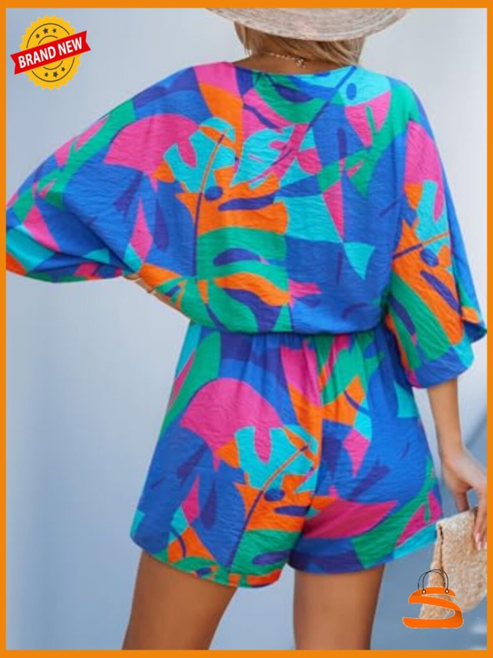 Boho Floral Romper Short Sleeve V Neck Tie Waist Summer Jumpsuit - Picture 2 of 6
